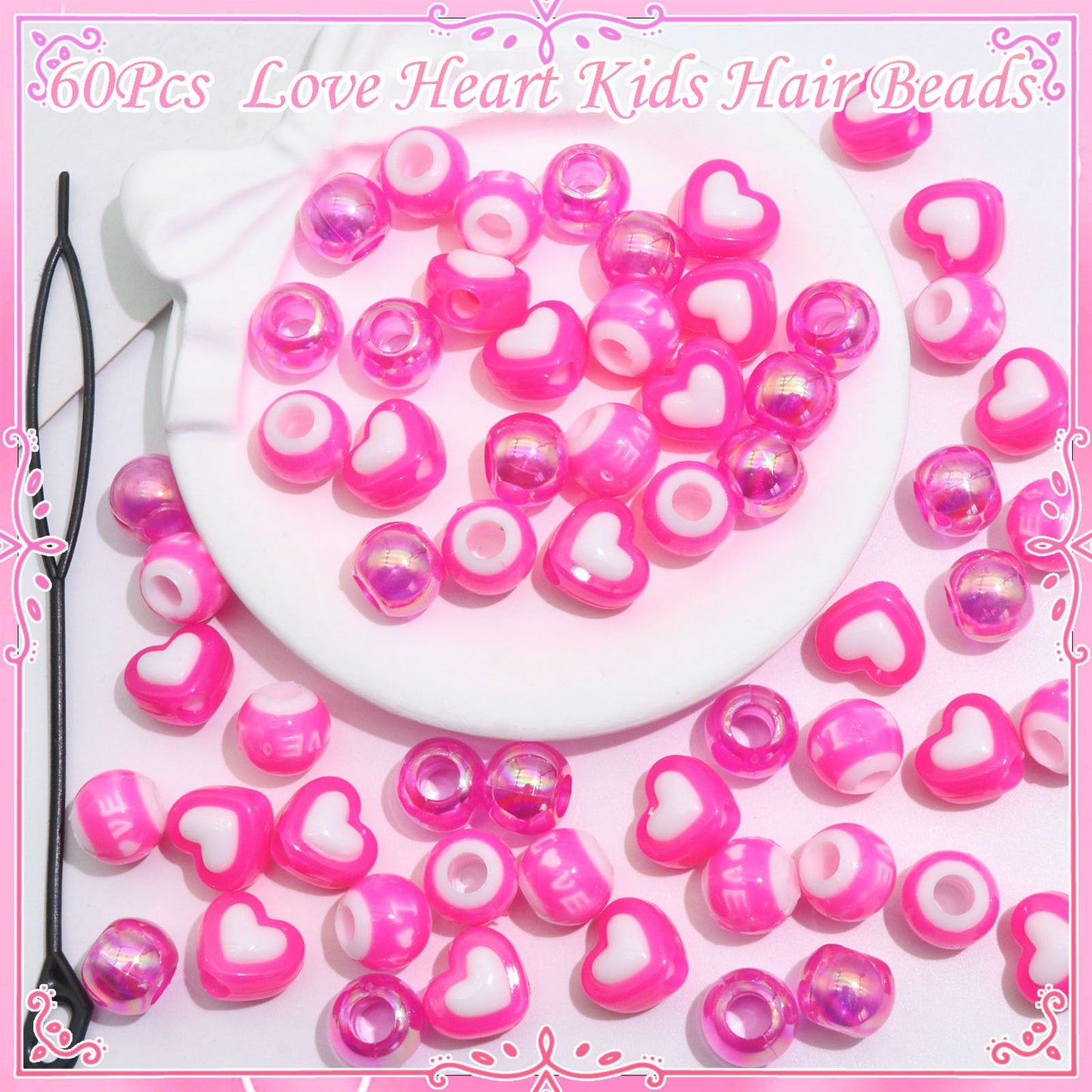 NAISKA 60PCS Hot Pink Heart Beads for Hair Round Beads for Braids Love Loc Dreadlock Jewelry Cute Kids Girls Valentine's Day Hair Braids Accessories