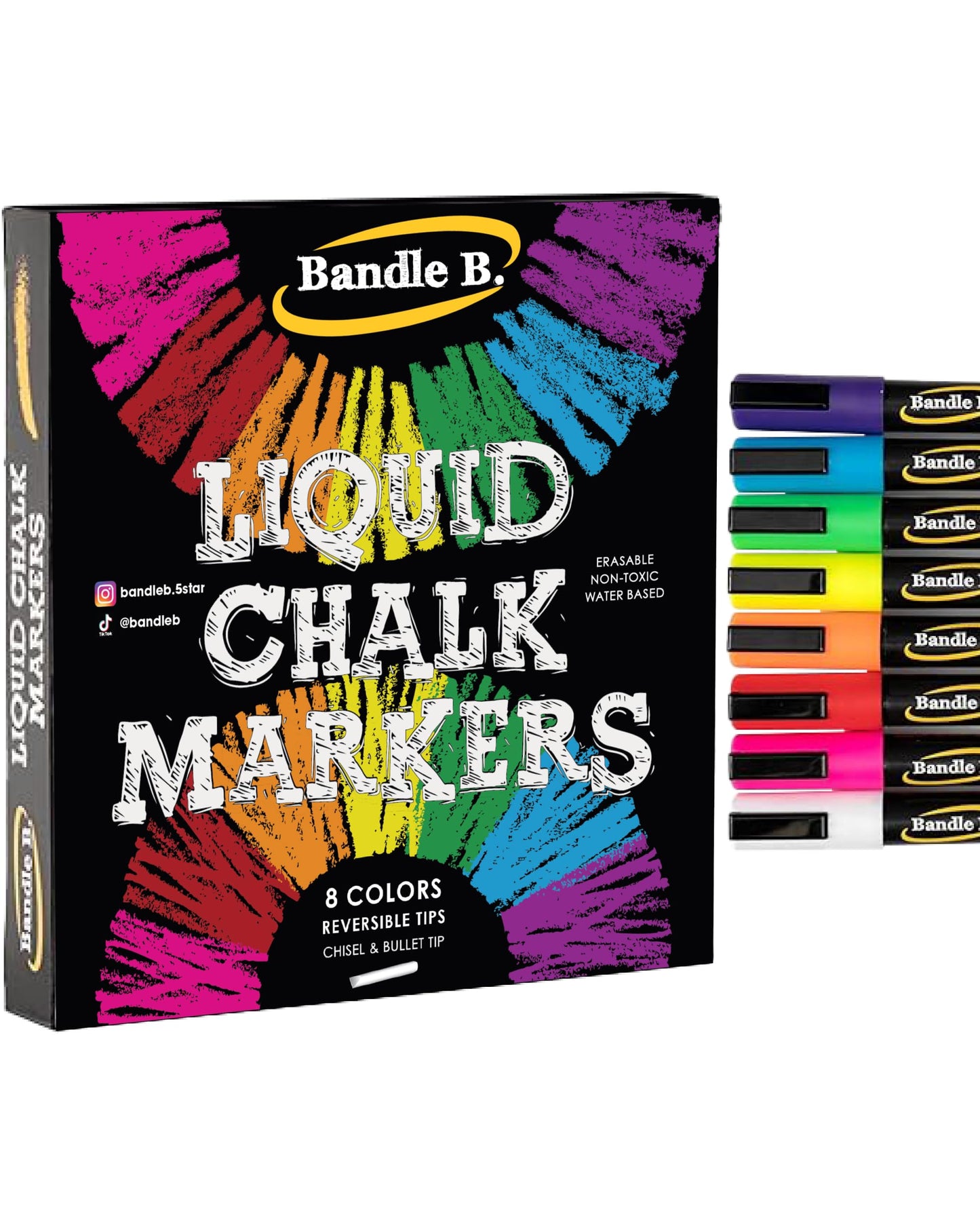 Bandle B. Chalk Markers - 8 Vibrant, Erasable, Non-Toxic, Water-Based, Reversible Tips. For Glass or Chalkboard Markers for Businesses, Restaurants, Liquid Drawing Chalk (Vibrant 6mm)