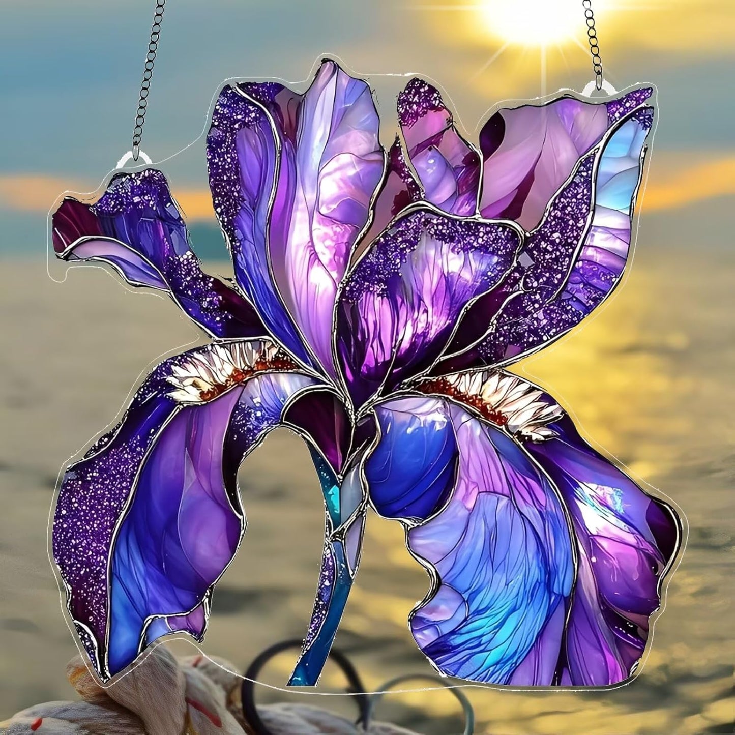 Purple Iris Acrylic Suncatcher - 7.08 Inch Stained Glass Style Window Decor | Rainbow Maker Wall Art & Garden Ornament