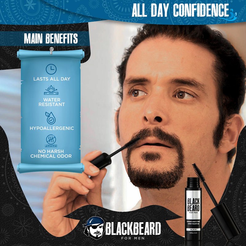Blackbeard for Men Beard Color – 1-Day Beard, Mustache, Eyebrow, Sideburns Color – Temporary Facial Hair Tint - Hypoallergenic Beard Dye Alternative – Up to 45 applications – Black, 6 Pack