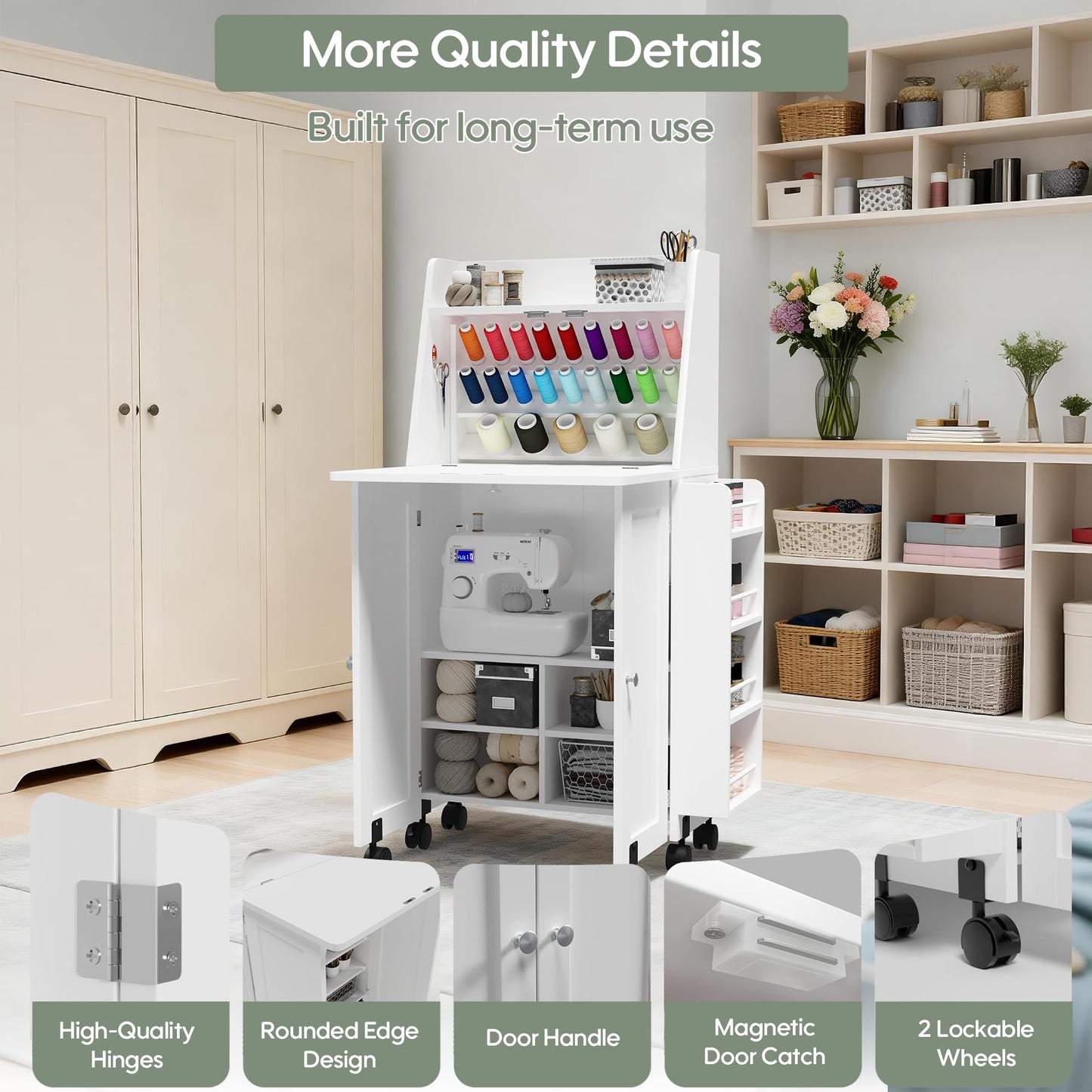 DUDUSHIMAN Portable Sewing Table, Folding Sewing Machine Cabinet Desk with Charging Station, 23 Spools Thread Rack,Sewing Cabinet with Expandable Desk, for Home or Studio Small Spaces (White)