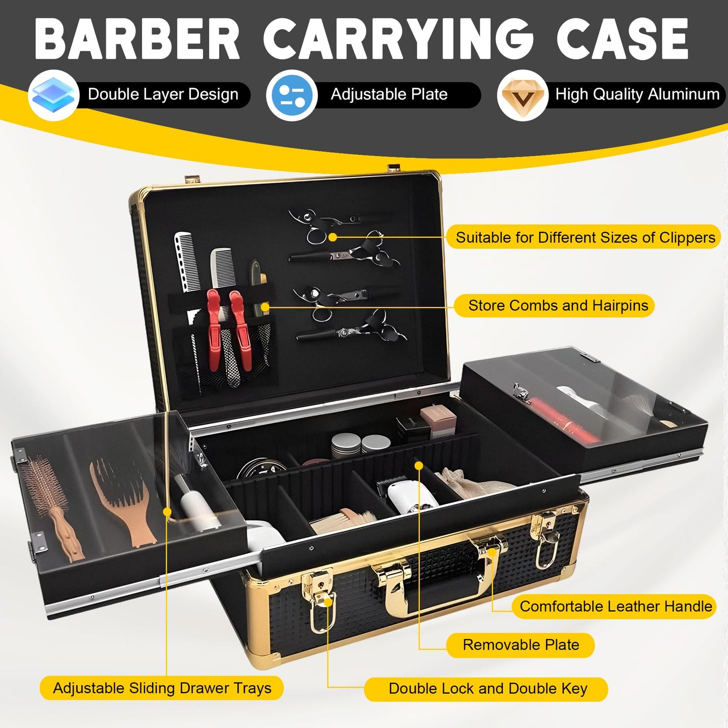 QIPOKAN 3-Layer Large Barber Travel Case with 6 Electric Clipper Slots and Transparent Acrylic Sliding Tray, Professional Barber Case,Suitable for Beauty Hair Stylist Salon Makeup Artist (Gold)