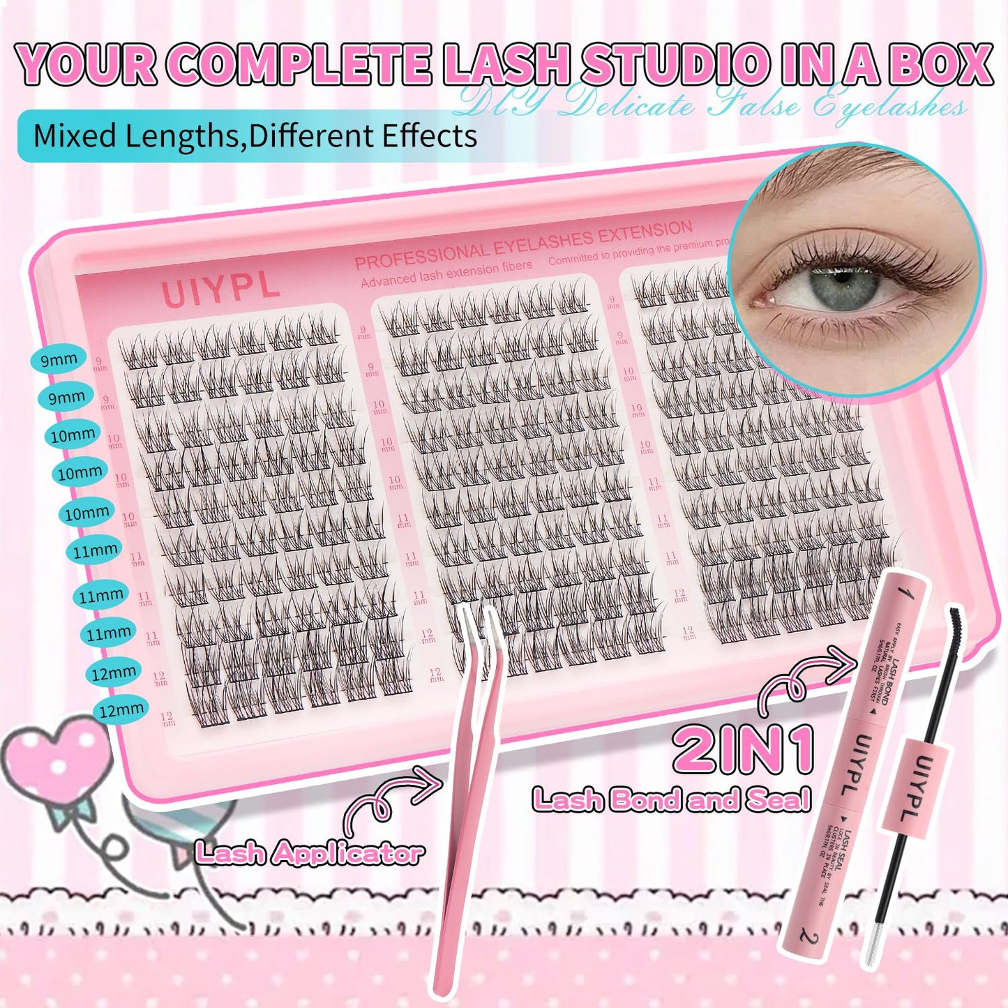 UIYPL Lash Clusters Kit-Cluster Eyelash Extensions. Eyelash Extension Kit. Volume Lash Clusters. Pro Lash. False Eyelashes & Adhesivesc. (Fishtail 180pcs)
