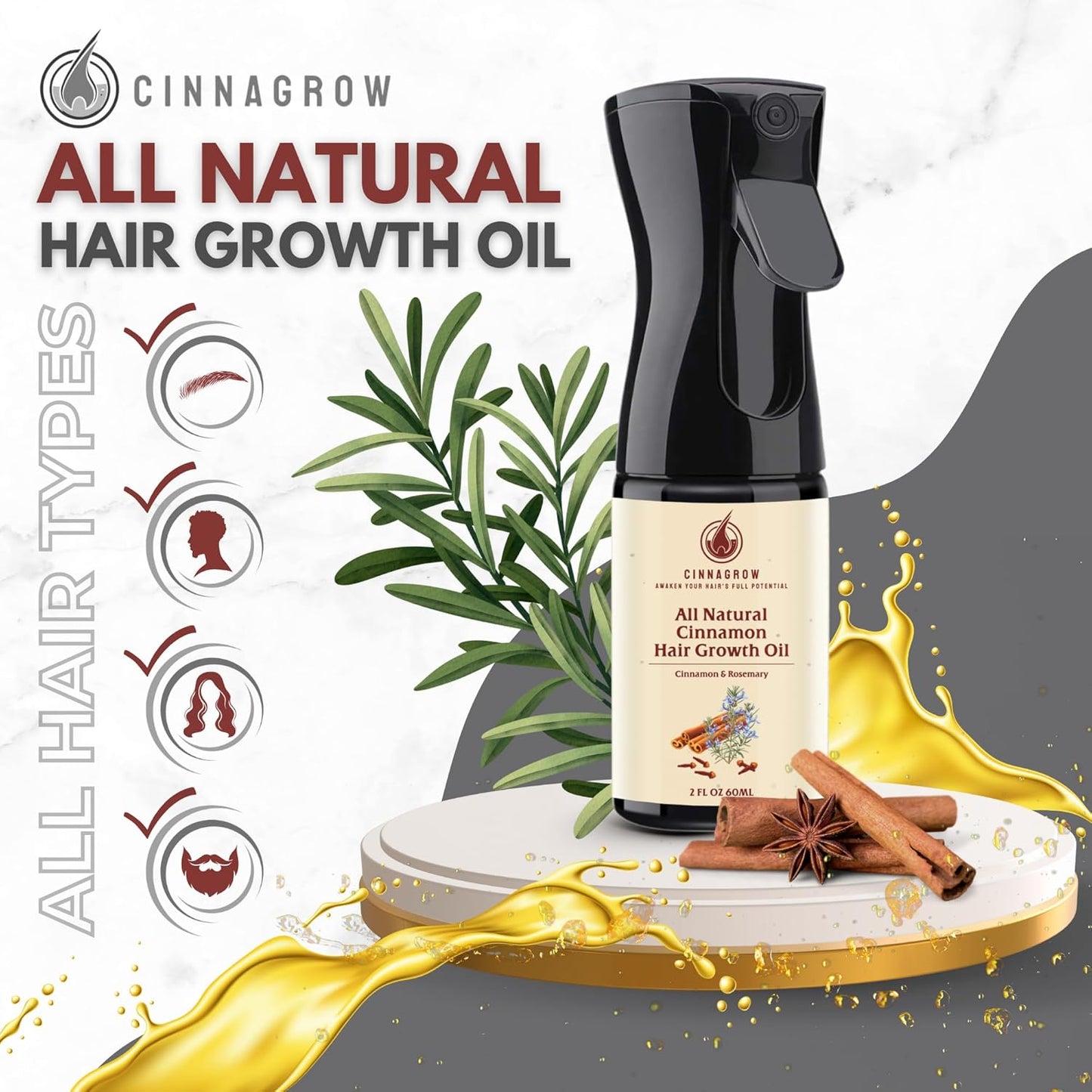 Hair Growth Oil - Rosemary & Cinnamon for Thicker Hair | Nourishing, Lightweight Formula - 60 ml (2 fl oz) with Pump Dispenser