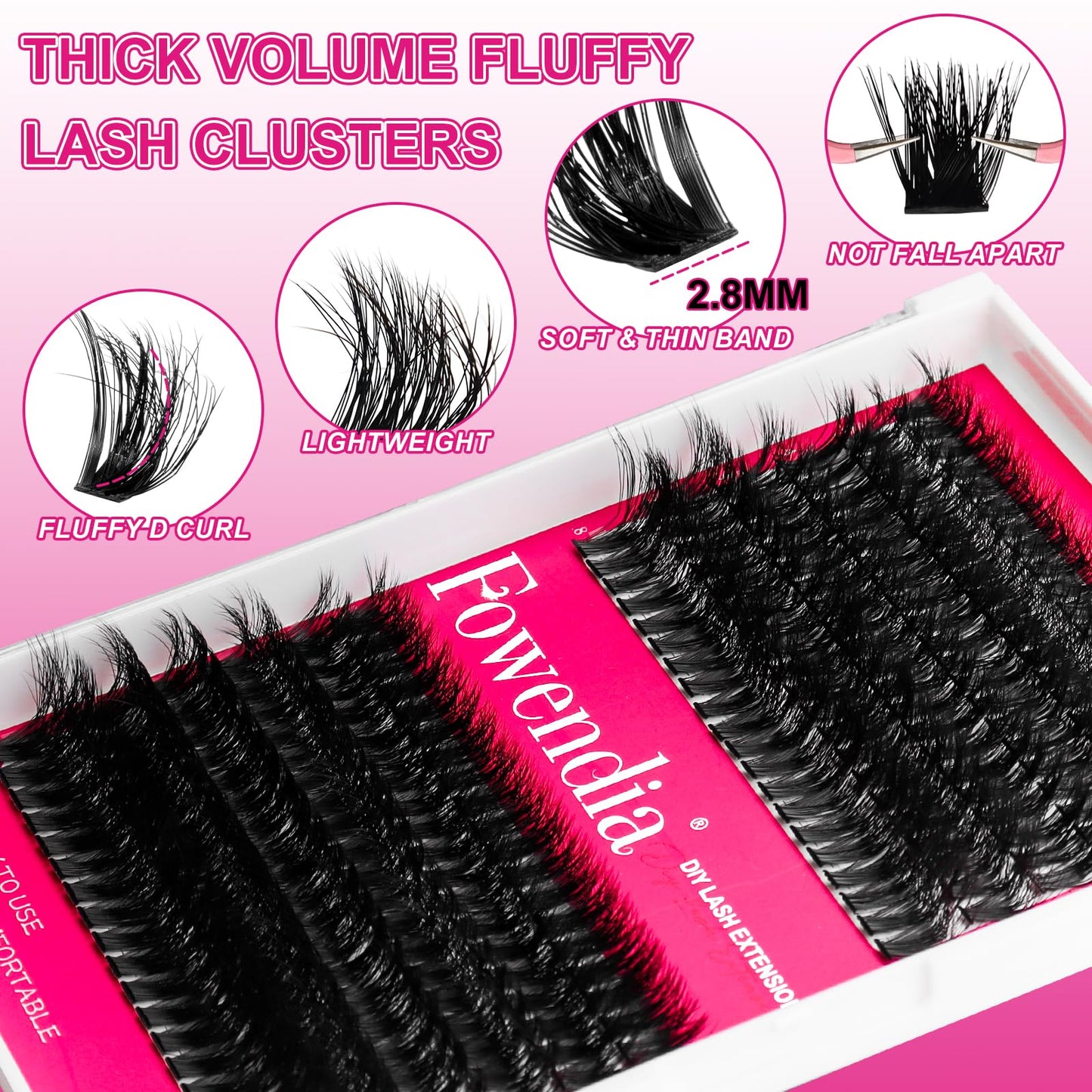 Fowendia Lash Clusters Kit Fluff 80D 100D Individual Lashes D-Curly Cluster Eyelash Extensions 10-18mm DIY Lash Extension Kit Lash Bond and Seal Waterproof, Lash Applicator, Thick False Eyelashes Kit