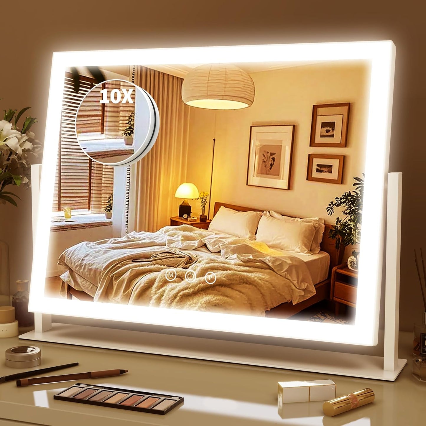 Lighted Makeup Mirror - 10X Magnification Vanity Mirror with 3 Color Modes | 17"x13" Smart Touch Control, 360° Rotation (White)