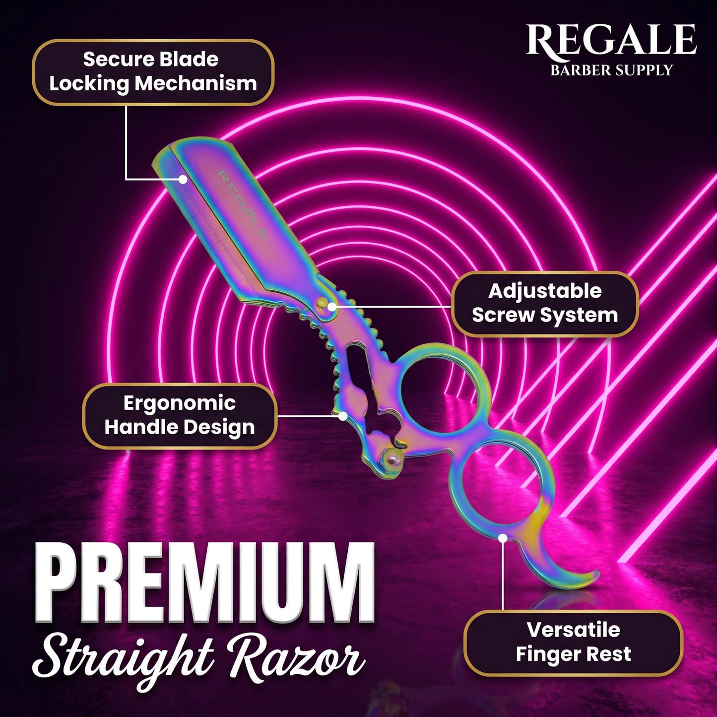 Regale Barber Supply Finger Insert Straight Edge Razor Multi Rainbow, Classic Stainless Steel Barbero Shaver for a Smooth & Precise Shave, Premium Barber Razor for Men's Shaving
