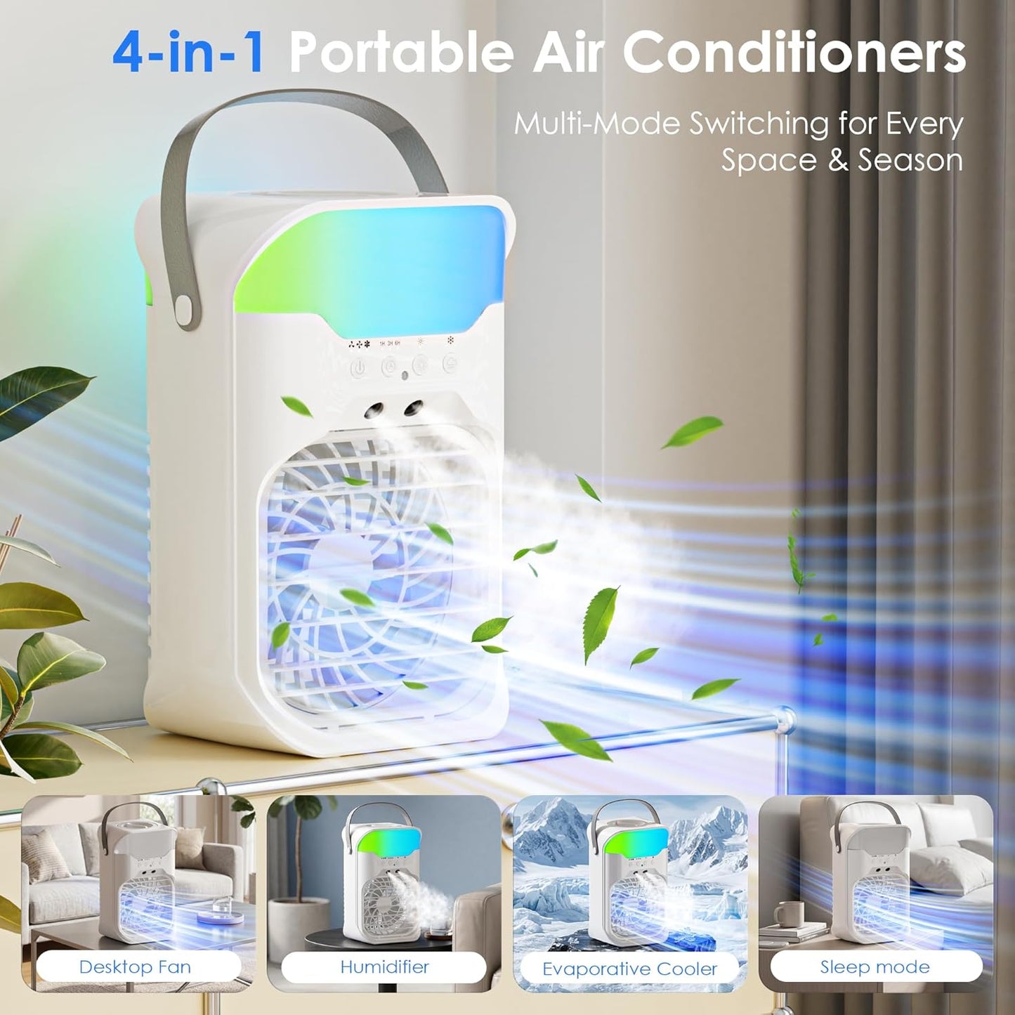 Portable Air Conditioner - 4-in-1 Cooling Unit with 3 Fan Speeds & 1600ML Water Tank | Remote Control & 10 Color Night Light for Home, Office, Outdoor