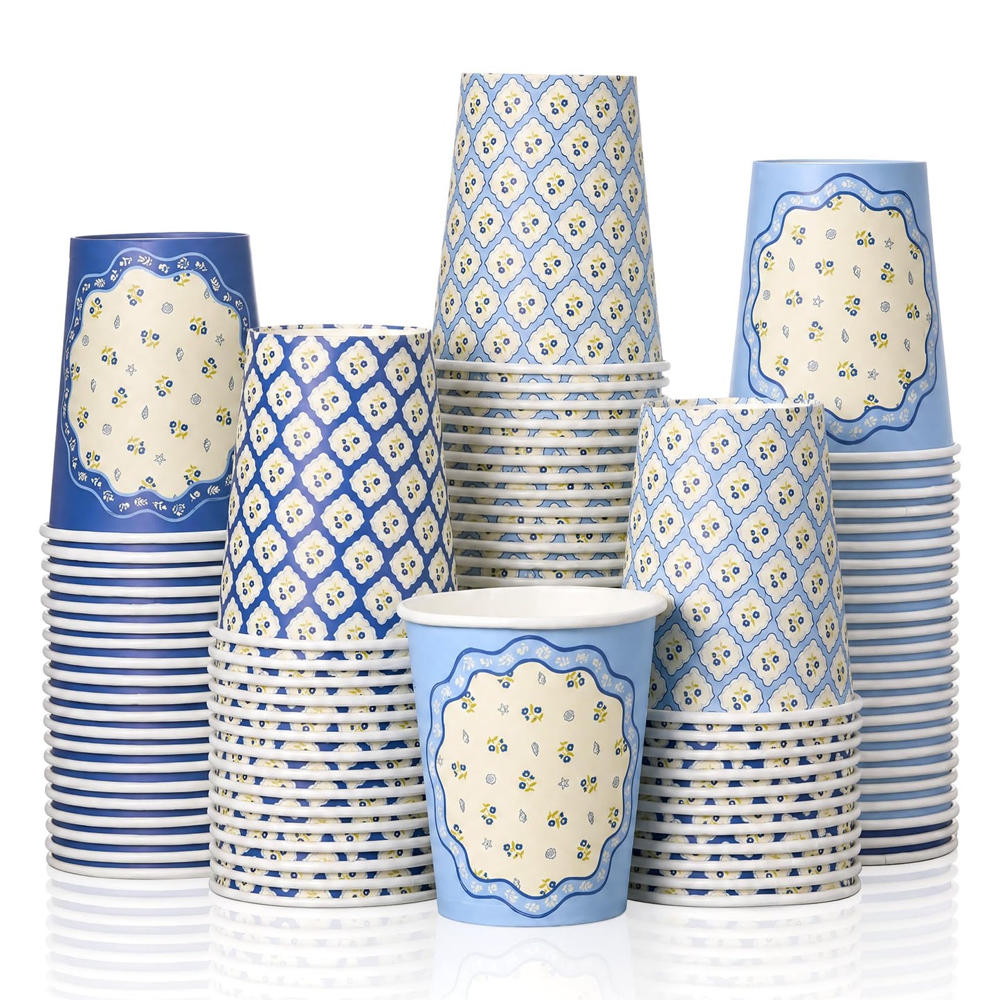 Ferrochef 100 Pcs Ocean Blue Coastal Paper Cups Bachelorette Party Decorations 9 oz Disposable Coffee Cup Coastal Wavy Floral Decorations Cups for Wedding Bridal Baby Shower Party Supplies