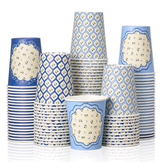 Ferrochef 100 Pcs Ocean Blue Coastal Paper Cups Bachelorette Party Decorations 9 oz Disposable Coffee Cup Coastal Wavy Floral Decorations Cups for Wedding Bridal Baby Shower Party Supplies