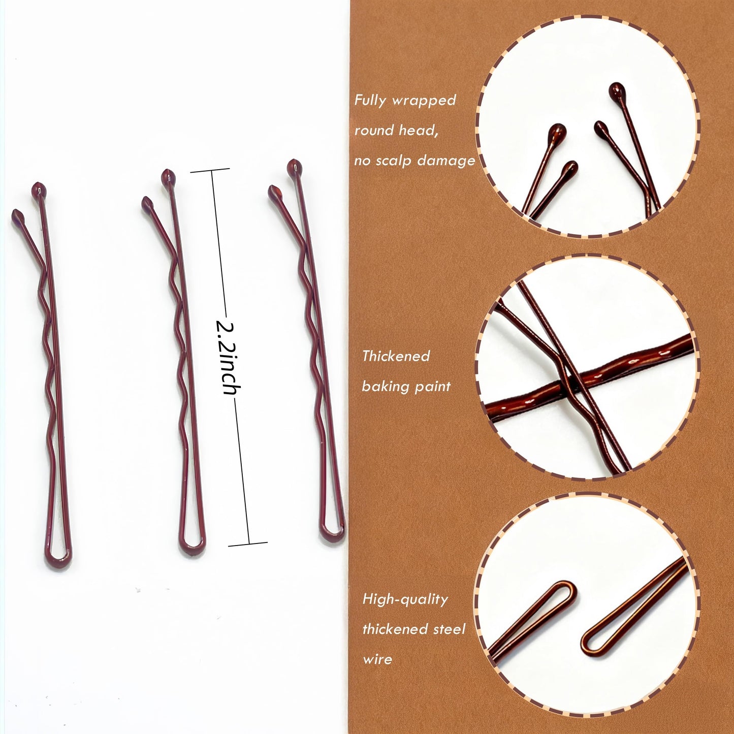 BechKCpro 100 Pcs Brown Bobby Pins for Women, 2.2" Non-Slip Wavy Hair Pins - Premium Enamel Coating, Rustproof Hair Clips with Ball Tips & Storage Box, Hair Accessories for Styling/Wedding