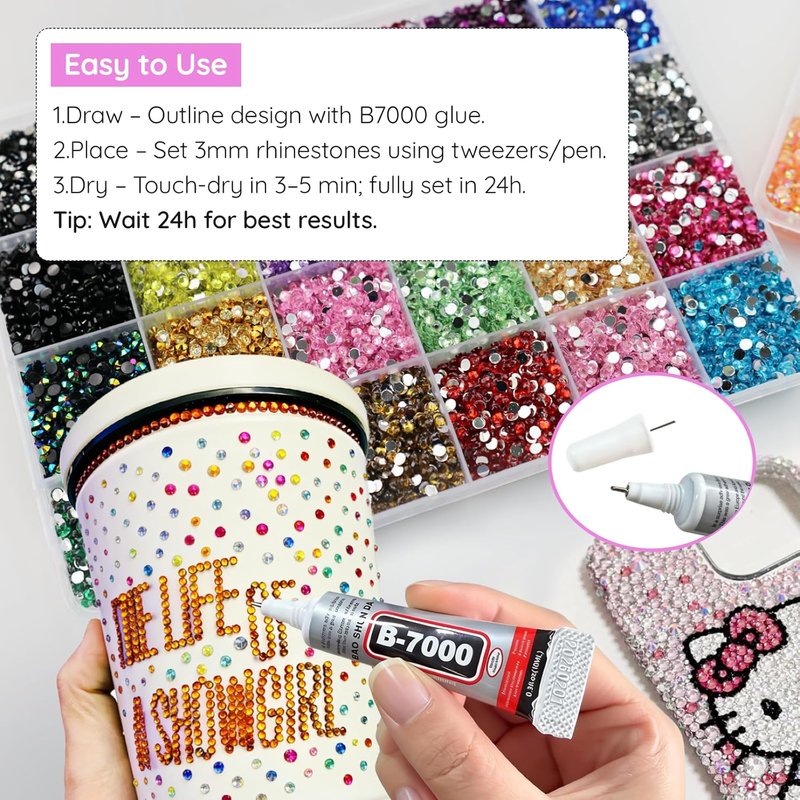 Resin Rhinestones Bedazzling Kit - 48 Color 3mm Flatback Gems for Crafting | Includes 3Pcs 10ml Jewelry Glue & Tools