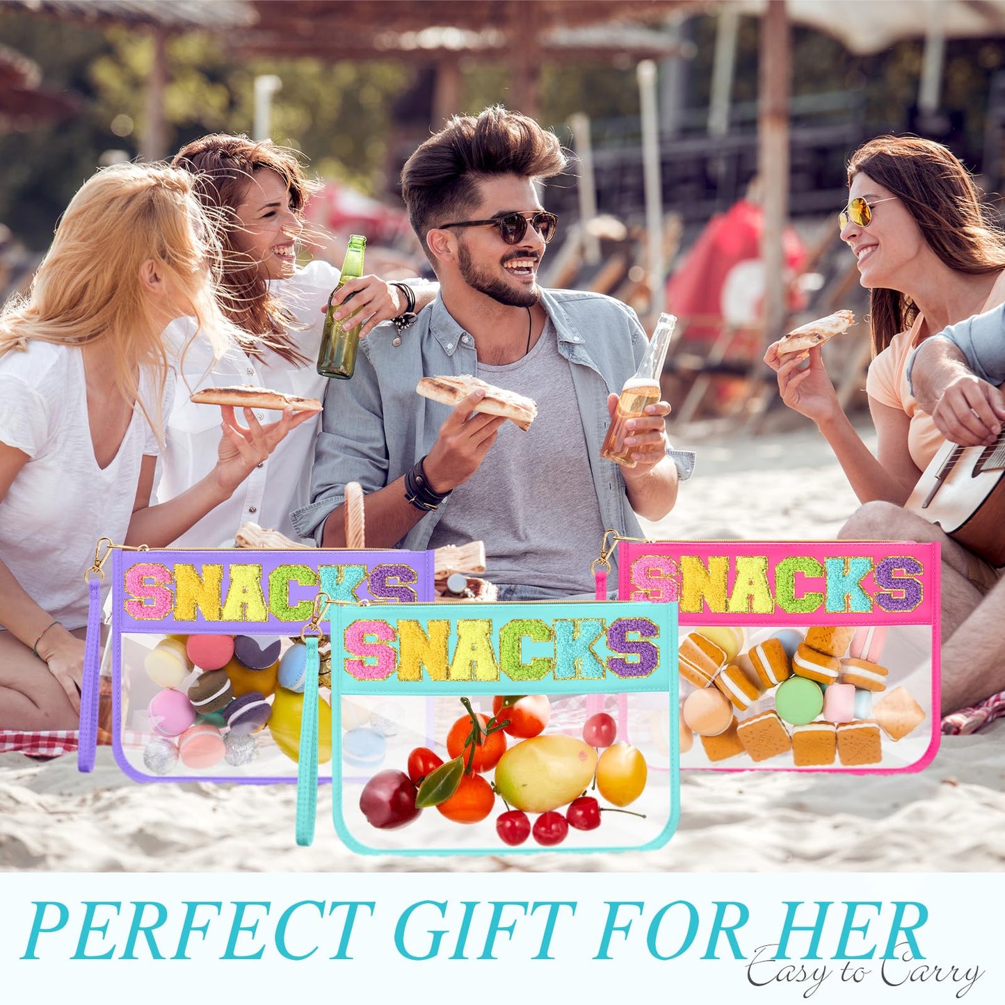 Kacctyen 6 Pcs Snacks Bags Transparent Makeup Bag with Zipper Chenille Letter Waterproof Cosmetic Toiletry Pouch with Handle Gym Travel Summer Gifts for Women Girls(Multicolor,Snacks)