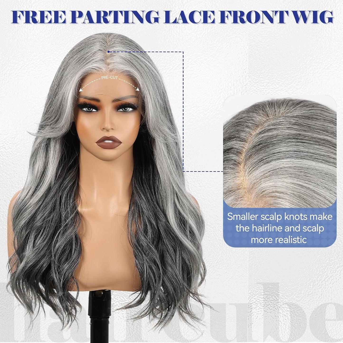 HD Lace Front Wig - 22 Inch Gray Long Wave Layered Synthetic Hair | Glueless Daily Wear for Women