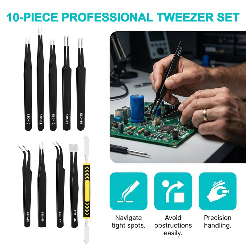 Precision Tweezers Set 10 Piece, ESD Safe Anti-Static Stainless Steel Kit with Case & Pry Tool for Electronics Repair, PCB Soldering, Jewelry Making, Watch Repair, Lab and Craft Work