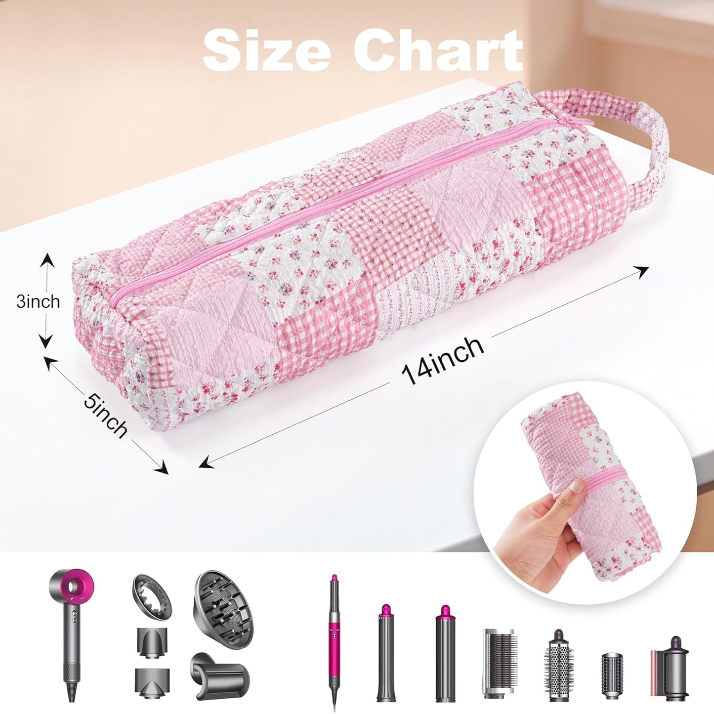 Quilted Hair Tools Travel Bag - Portable Organizer for Dyson Airwrap & Shark FlexStyle | Pink Plaid Floral