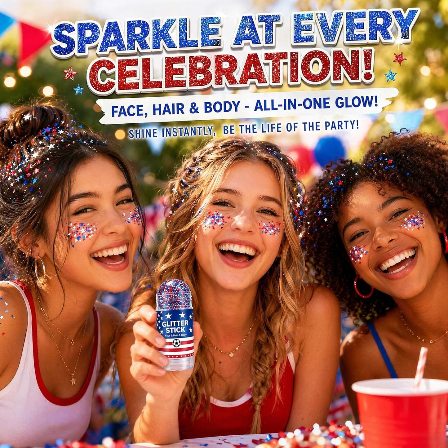 Patriotic Body Glitter Stick - Red, White & Blue Waterproof Glitter for 4th of July | Perfect for Hair & Face