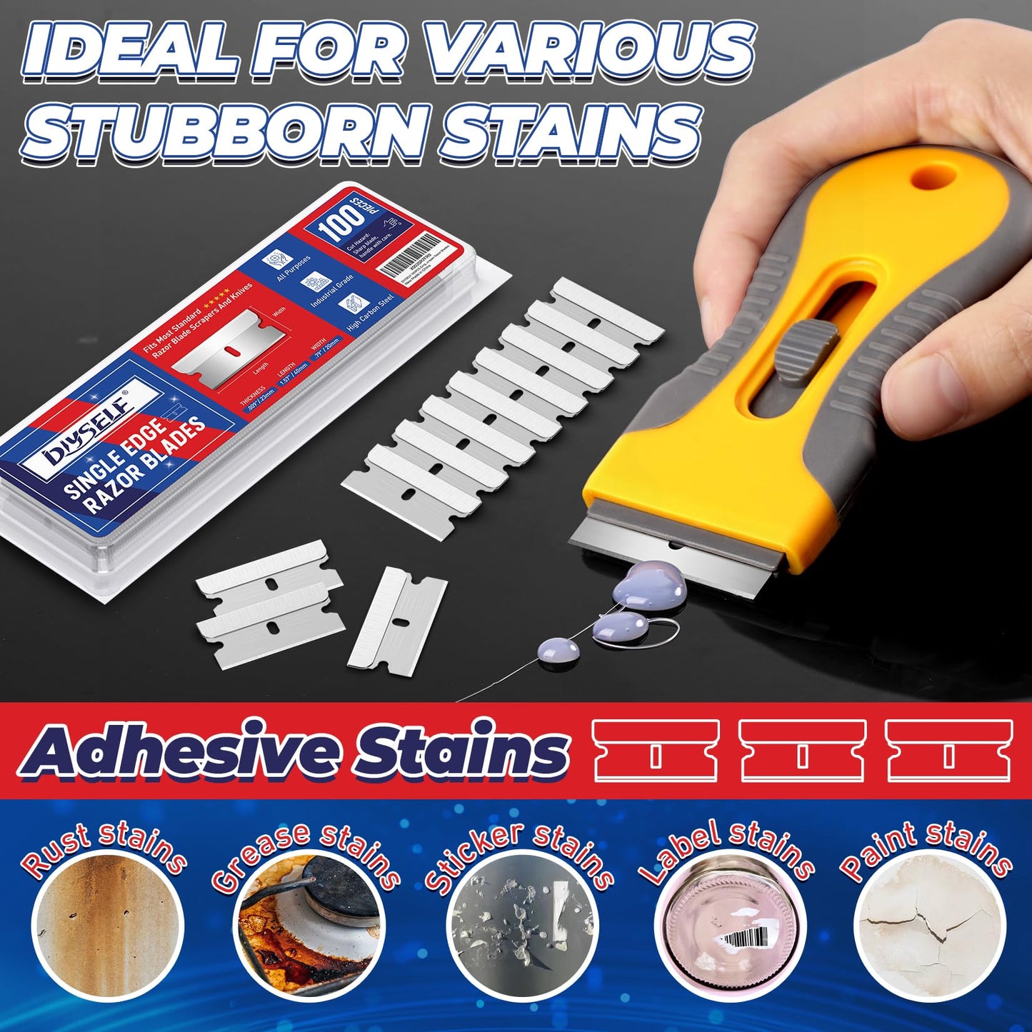 DIYSELF Single Edge Razor Blades, 100 Blades, Razor Blades Refiils for Razor Scraper, Utility Knife, Heavy Duty One Edge Blades, High Carbon Steel Blade for Removing Decals, Stickers