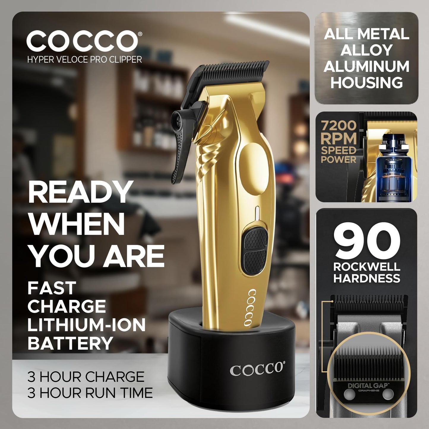 Cocco Veloce Pro Clipper, Digital Gap Ambassador Graphene Taper Blade Professional Hair Clippers, High-Torque BLDC Motor, All-Metal, Cordless, Charging Base Included, Gold