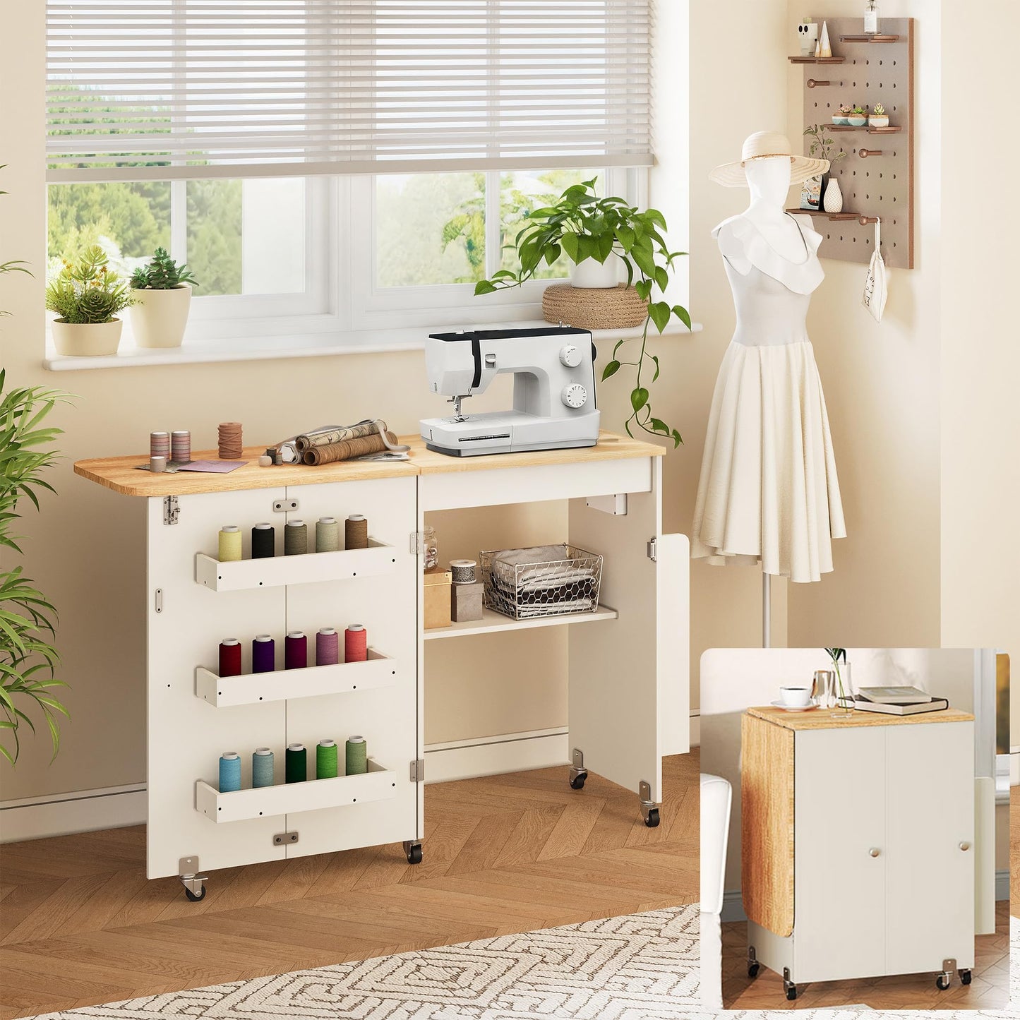 Folding Sewing Table with Power Outlet, Rolling Sewing Desk with Side Storage Rack, Compact Portable Sewing Cabinet for Sewing Machine, Craft Table Organizer for Home (White)