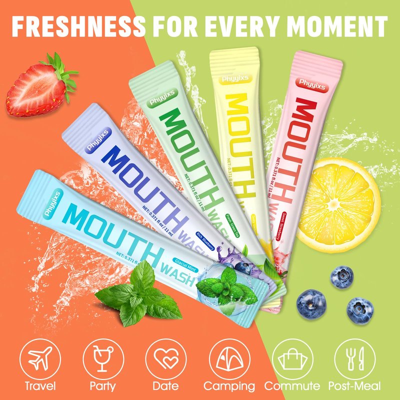 Phyyixs Mouthwash Travel Size – 30 Individually Wrapped Portable Packets, Alcohol-Free & Fluoride-Free, On-The-Go Oral Hygiene for Fresh Breath Anytime(5 Flavors)