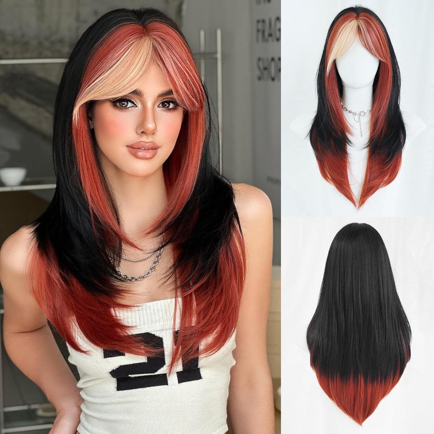Long Natural Black Wig with Bangs - Heat Resistant Synthetic Hair for Daily Wear
