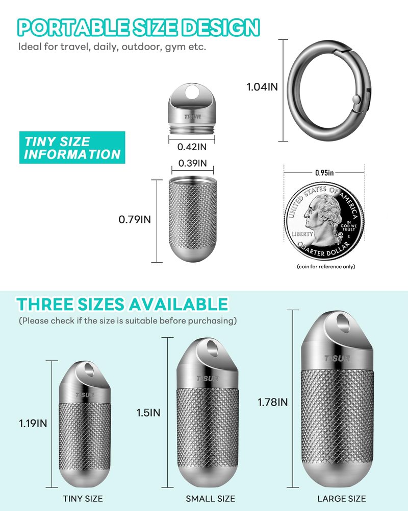 TISUR Titanium Keychain Pill Holder Small Metal Pill Case, Pill Organizer Portable Waterproof Pill Container, Travel Pill Bottle Box for Purse (Tiny-0.39inch)