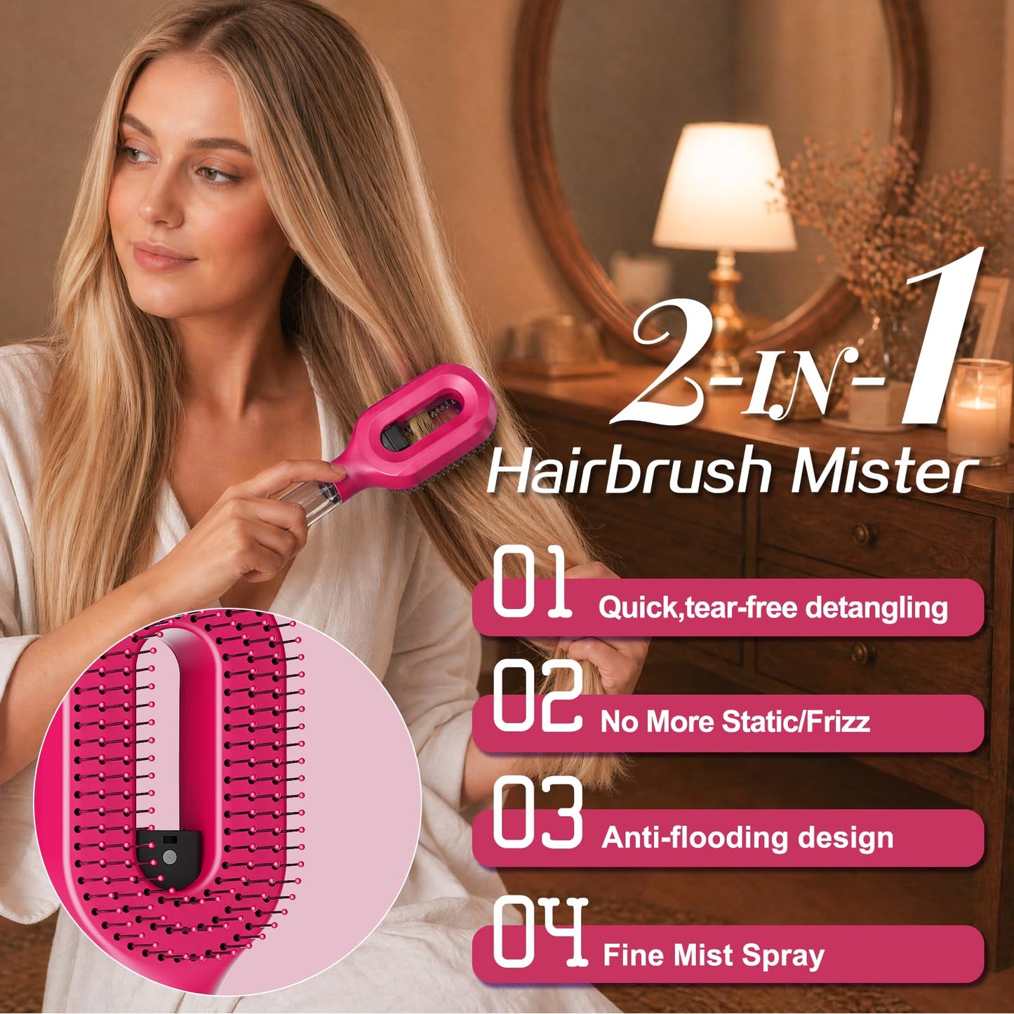 Hot Pink Hair Brush with Water Spray, Fine Mist Detangling Tool for Girls, Cute Wet & Dry Styling for Curly Thick Hair, Daily Hair Care Accessory(1, Rose Pink)