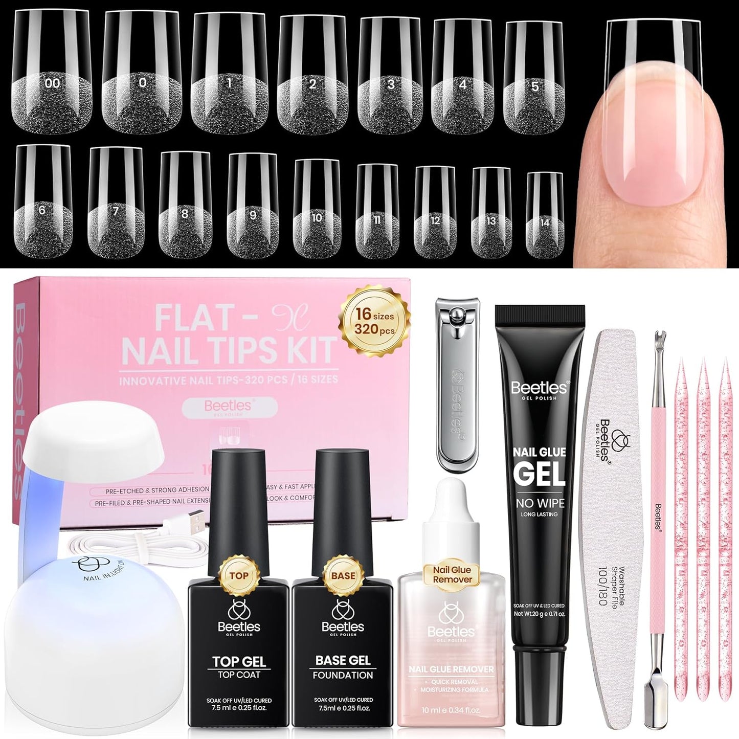 Beetles Gel Nail Kit - Almond Medium 320pcs Nail Tips & Mini Lamp | DIY Acrylic Press-On Nails at Home