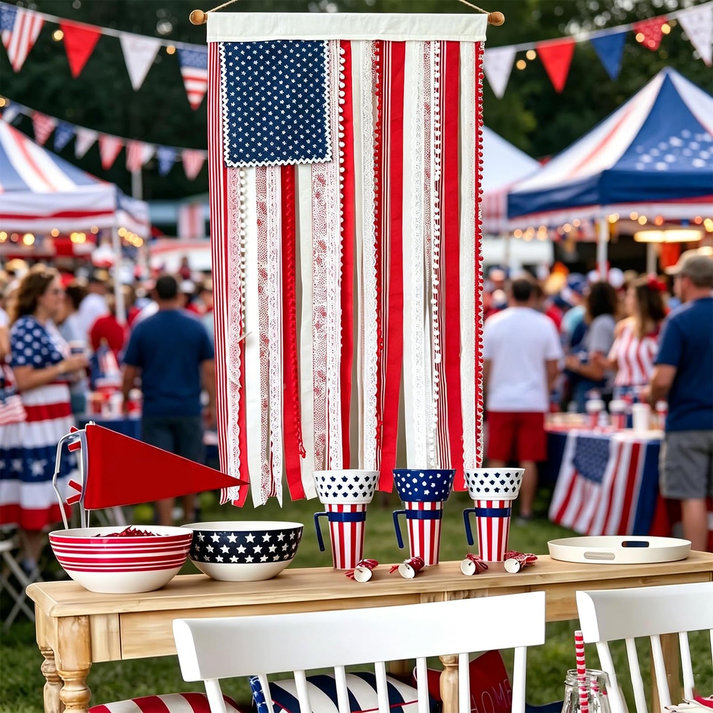 Lighted Rag American Flag Banner, 4 x 2.3 Ft American Flag Banner, 4th of July Decorations Independence Day Retro American Flags Bunting for Outdoor Garden Yard Home Party (2pcs)