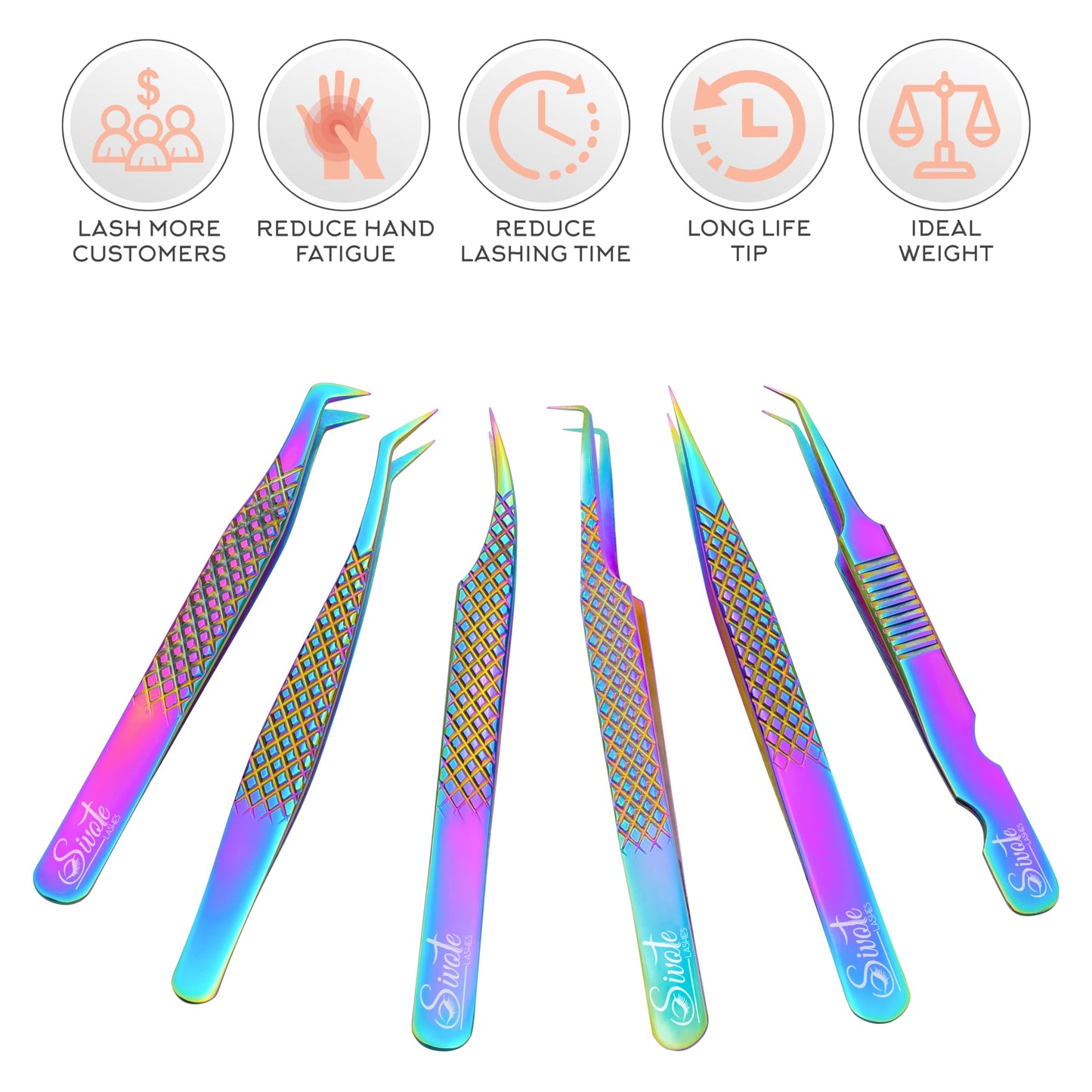 SIVOTE Eyelash Extension Tweezers Fiber Tips Japanese Steel, Set of 6 – Curved, Dolphin, 90° 45° Volume Boot & Slight Curved Tweezer – Professional Lash Tweezers for Lash Extensions Rainbow