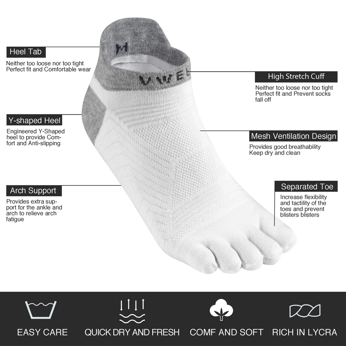 VWELL Toe Socks for Men/Women, COOLMAX Five Finger Socks, High Performance Athletic Toe Socks No Show (3Pairs)