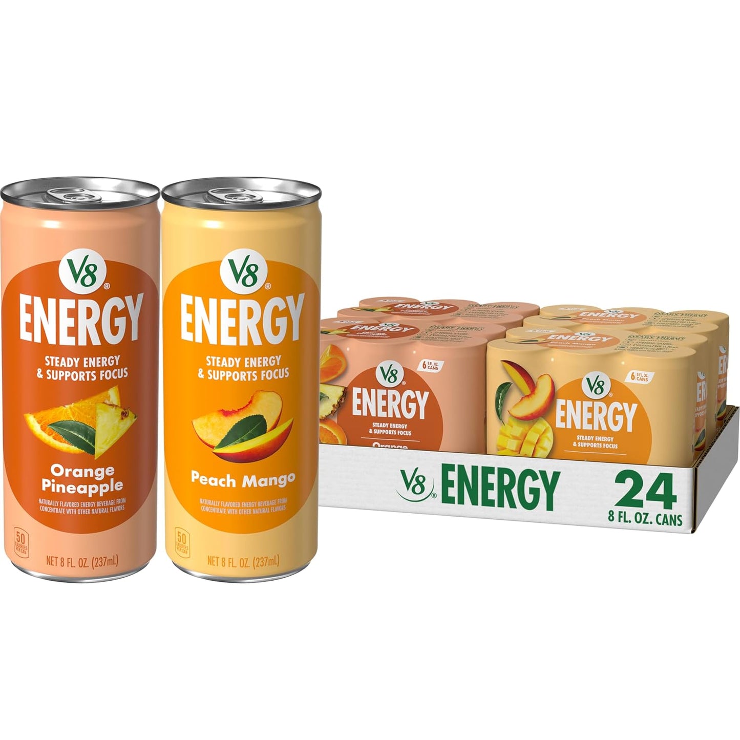 V8 Energy Peach Mango Energy Drink - 8 Fl Oz Can | 24 Pack of Refreshing Energy Boost