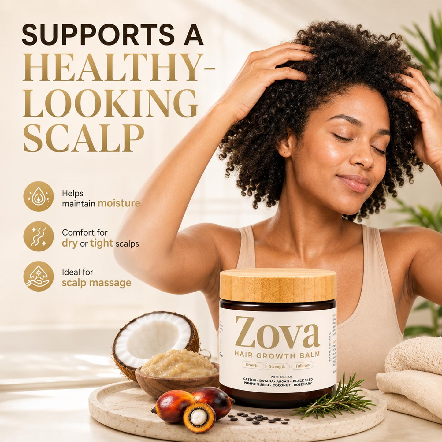 Zova Growth Hair Balm – Batana, Castor, Argan & Rosemary Oil Blend for Thicker, Stronger Hair – Deep Scalp Nourishing Hair Treatment for Men & Women – Natural Hair Repair & Moisturizing Balm 4 oz