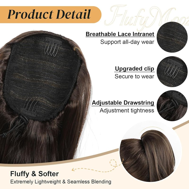 Ponytail Extension for Women - 20 Inch Drawstring Hairpiece | Soft Synthetic Brown with Blonde Highlights