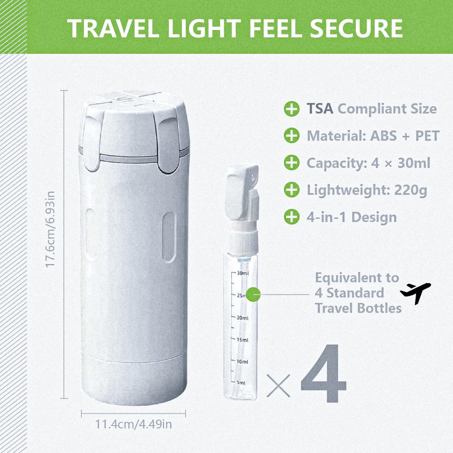 4 in 1 Travel Dispenser Bottles Shampoo Refillable Leak Proof TSA Compliant Size Containers Toiletries Toiletry with Pump Design Portable Organizer Conditioner Lotion Cream Vacation (Green)
