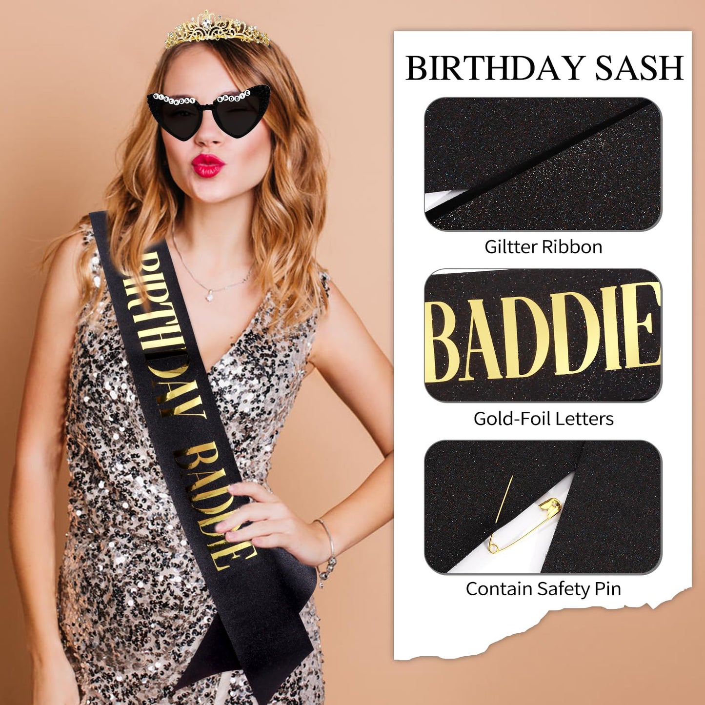 KICOSY 3PCS Birthday Baddie Sash, Crystal Crown and Sunglasses Funny Baddie Outfits Birthday Party Accessories