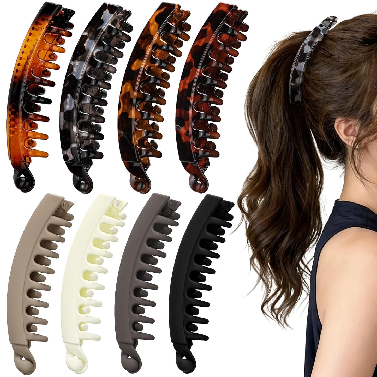 Banana Hair Clips for Women - 8PCS Cute Tortoise & Solid Color Claw Clips | All-Day Hold for Thin/Thick Hair