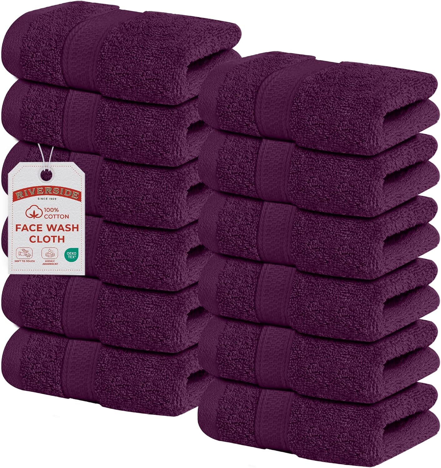 Riverside 12-Pack 100% Cotton Hunter Green Face Towels - Super Soft, Absorbent Washcloths for Bathroom, Spa & Gym | 12x12 Inches