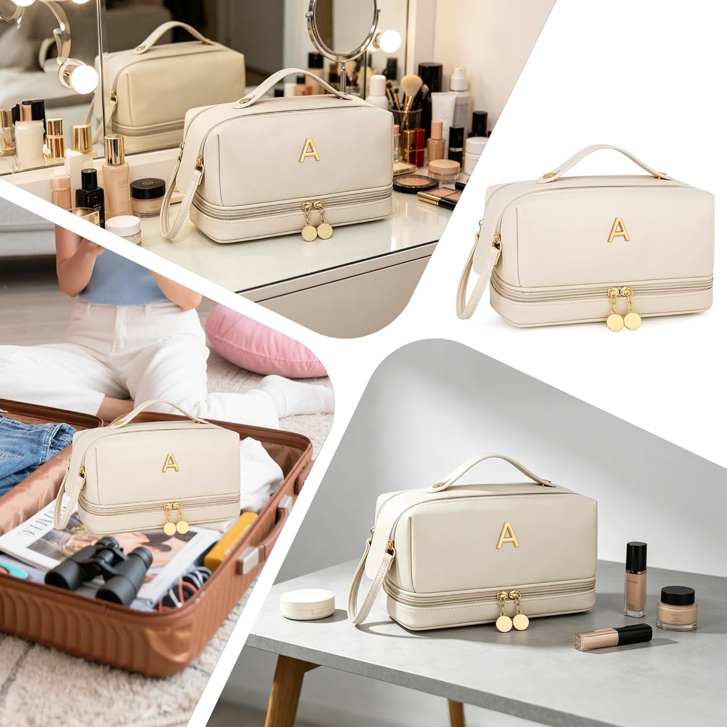 Personalized Makeup Bag for Women - Large Capacity Travel Toiletry Organizer | Beige A
