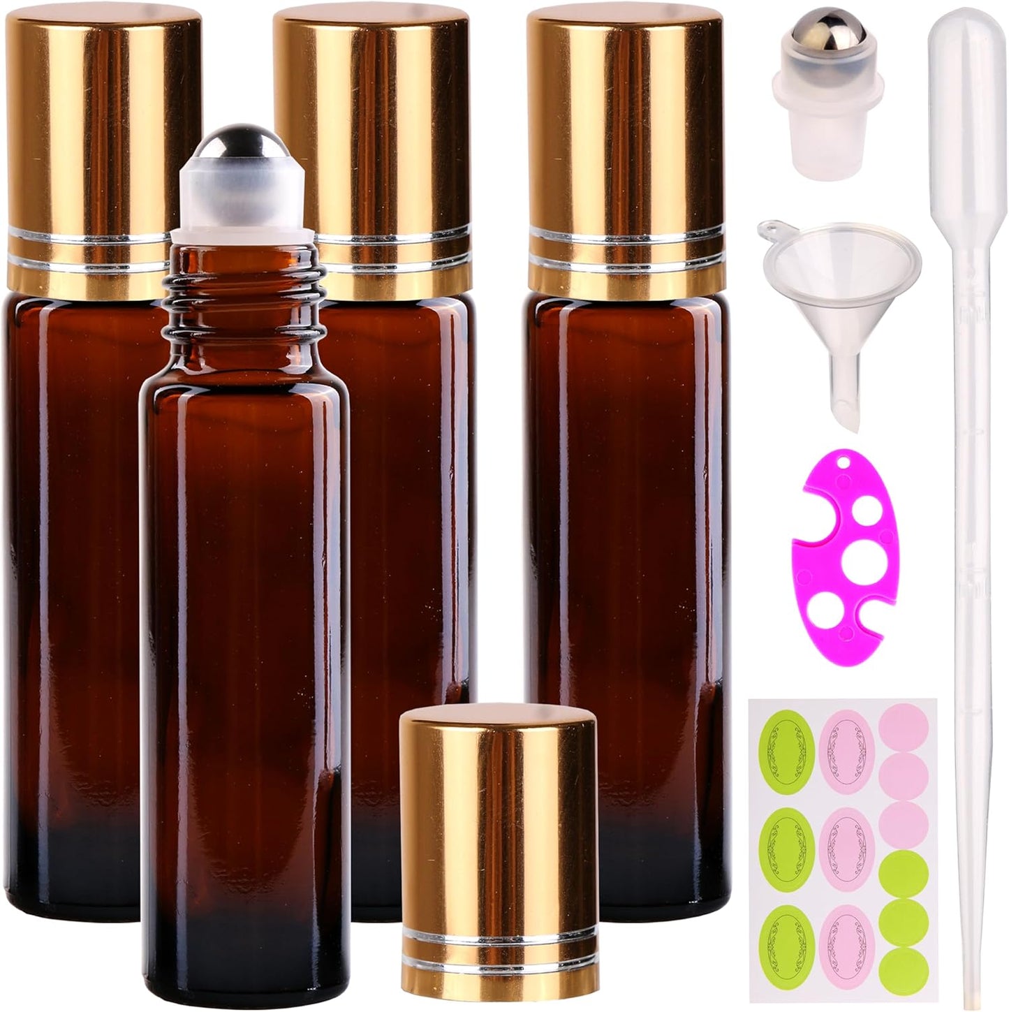Amber Glass Roller Bottles for Essential Oils - 10ml with Stainless Steel Roller Balls & Aluminum Cap