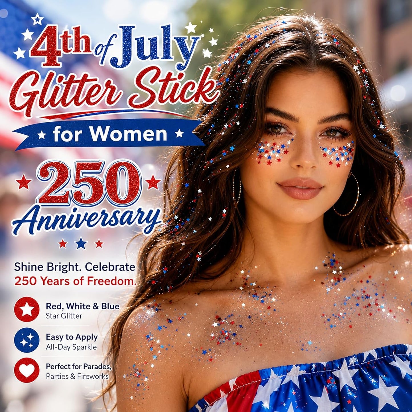 Patriotic 4th of July Glitter Stick - Sparkling Red, White & Blue Face & Body Glitter for Independence Day Celebrations | Perfect for Women & Kids
