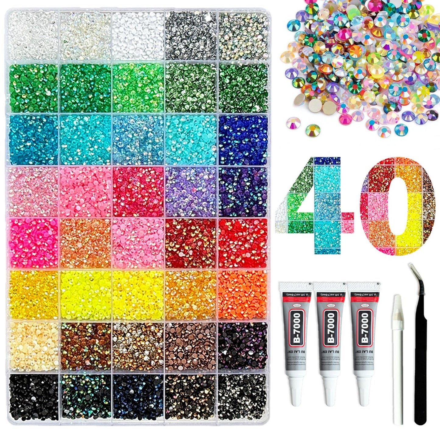 50000+Pcs Resin Jelly Rhinestones for Bedazzling,40 Colors 3mm Flatback Gems Bedazzling Kit with 3Pcs 10ml B7000 Glue for Clothing Nail Art Shoes Crafting Makeup (40 Colors+3 Pcs Glue)
