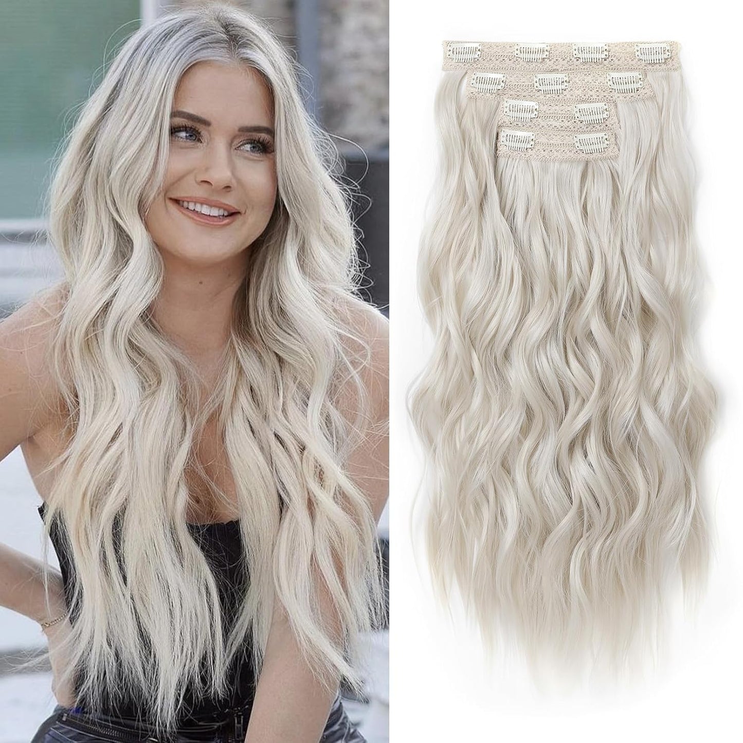 Clip-In Hair Extensions - 24" Thick Blonde Beach Waves | Soft Invisible Lace Weft for Women - Platinum