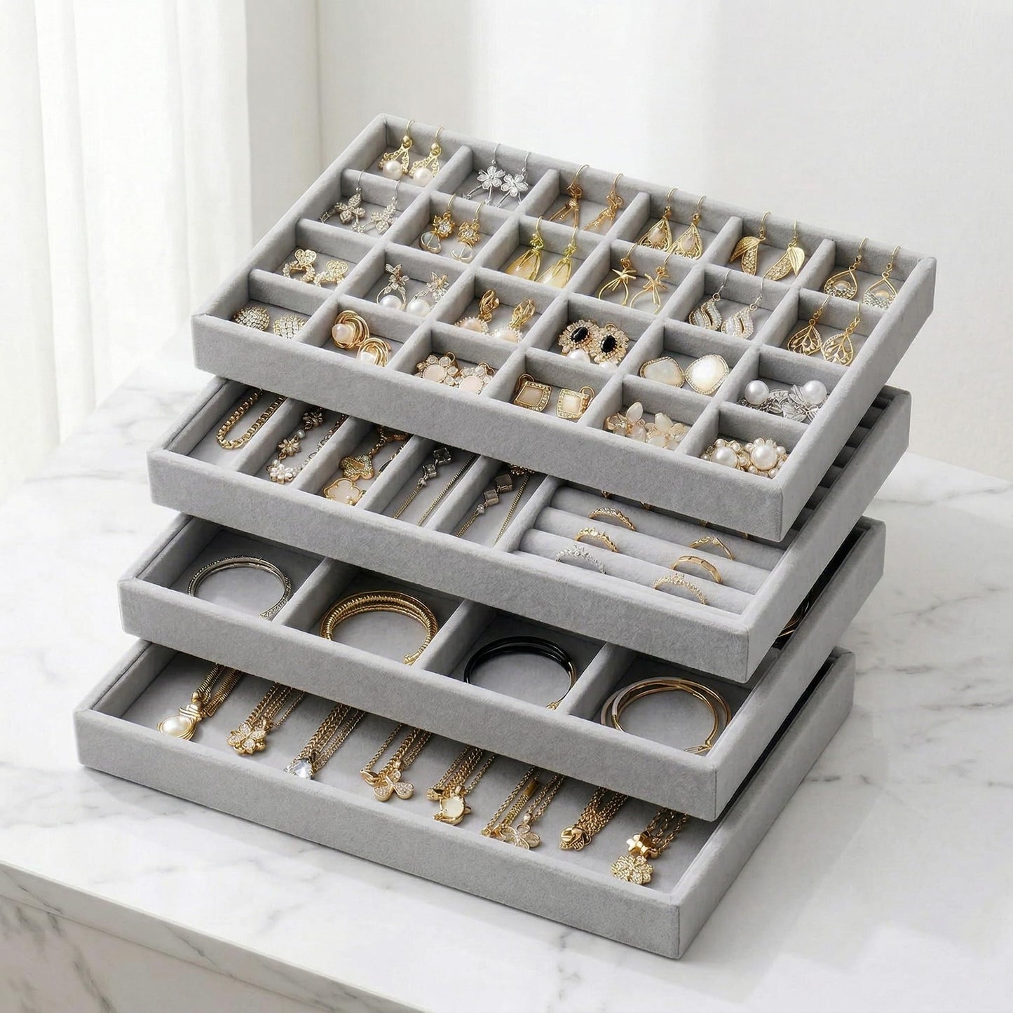 Velvet Jewelry Drawer Organizer Trays, 4-Layer Stackable Jewelry Storage Inserts Set, GREY Jewelry Tray Set for Earrings, Rings, Necklaces and Bracelets, Removable Dividers for Dresser Drawer