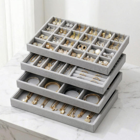Velvet Jewelry Drawer Organizer Trays, 4-Layer Stackable Jewelry Storage Inserts Set, GREY Jewelry Tray Set for Earrings, Rings, Necklaces and Bracelets, Removable Dividers for Dresser Drawer