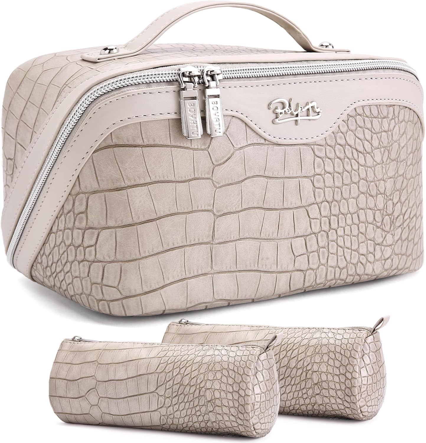 Travel Makeup Bag Set - Large Vegan Leather Cosmetic Organizer with Handle | 3 Pcs Portable Toiletry Bags in Coffee