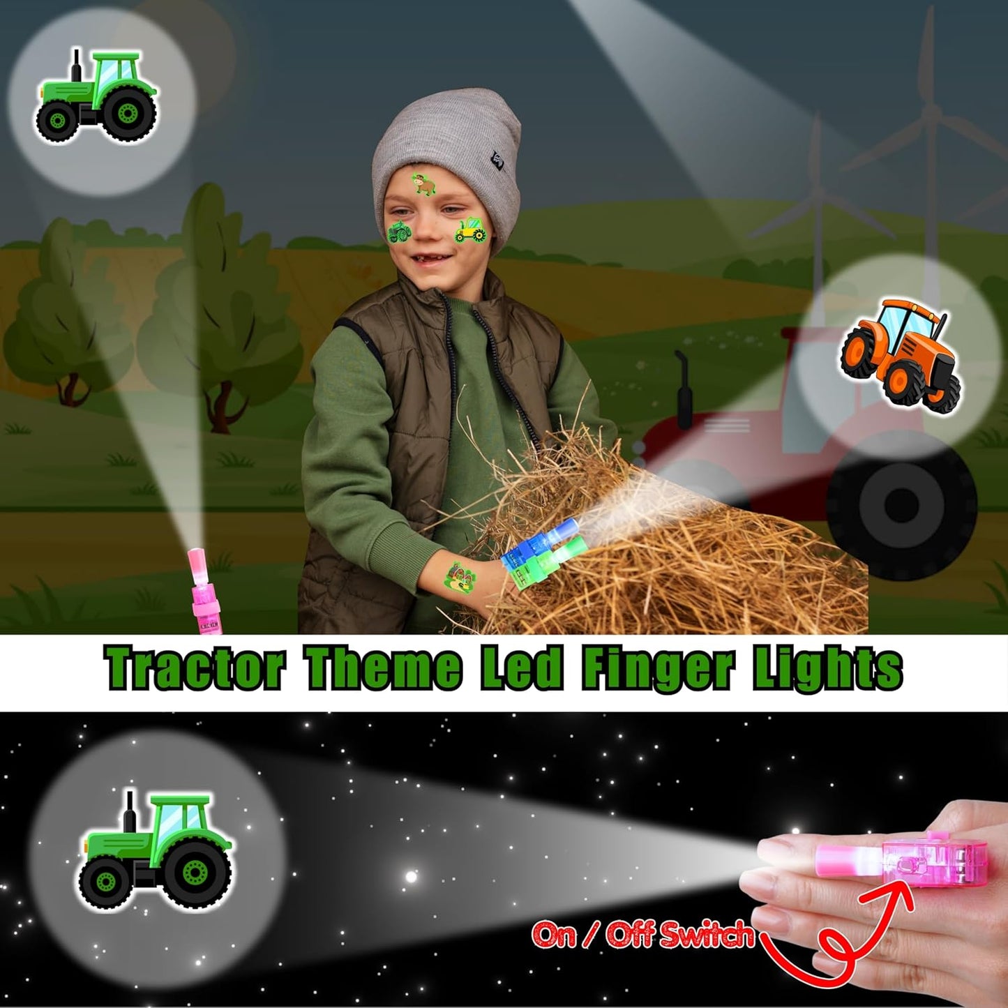 Tractor Party Favors - 72 PCS Luminous Tattoos & LED Finger Lights | Glow in the Dark Birthday Goodie Bag Fillers for Kids