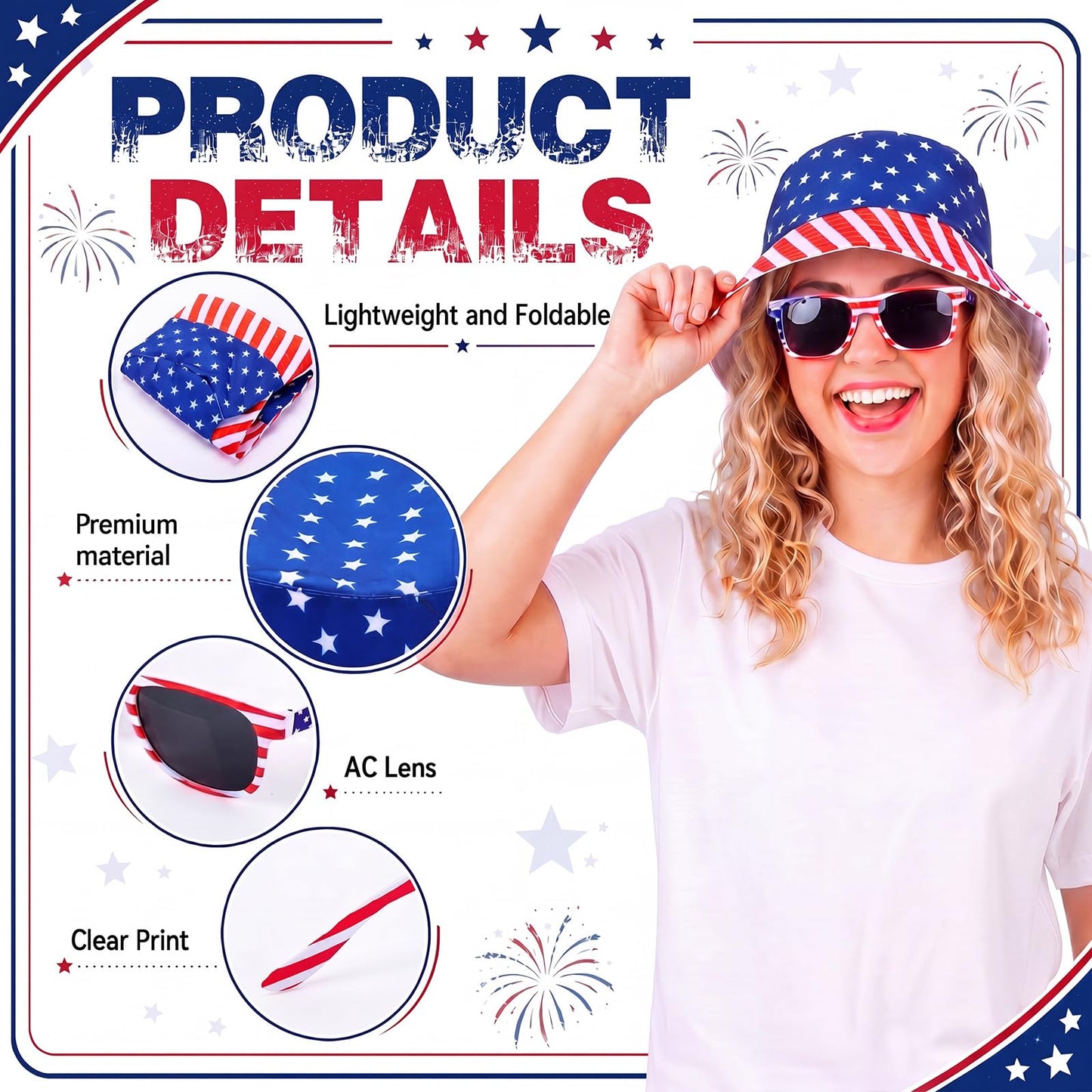 Chicingyou 24 Pcs 4th of July Accessories American Flag Hats and Patriotic Sunglasses Bulk USA Star Patriotic Cap Red White Blue Hats (Bucket Hats)
