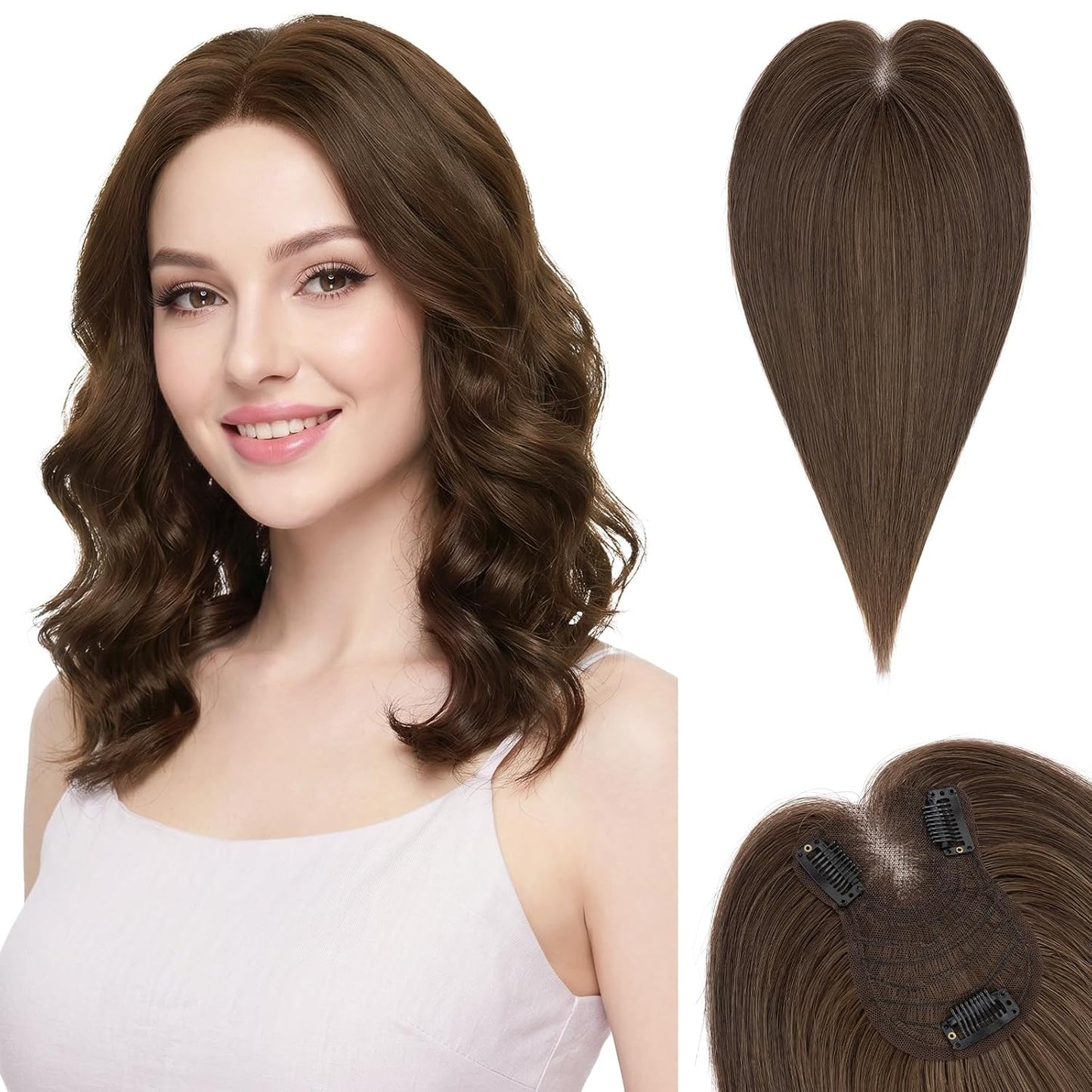 **Hair Toppers for Women - Real Human Hair with Curtain Bangs | 10-Inch Lace Base Clip-In Piece - #02 Dark Brown**